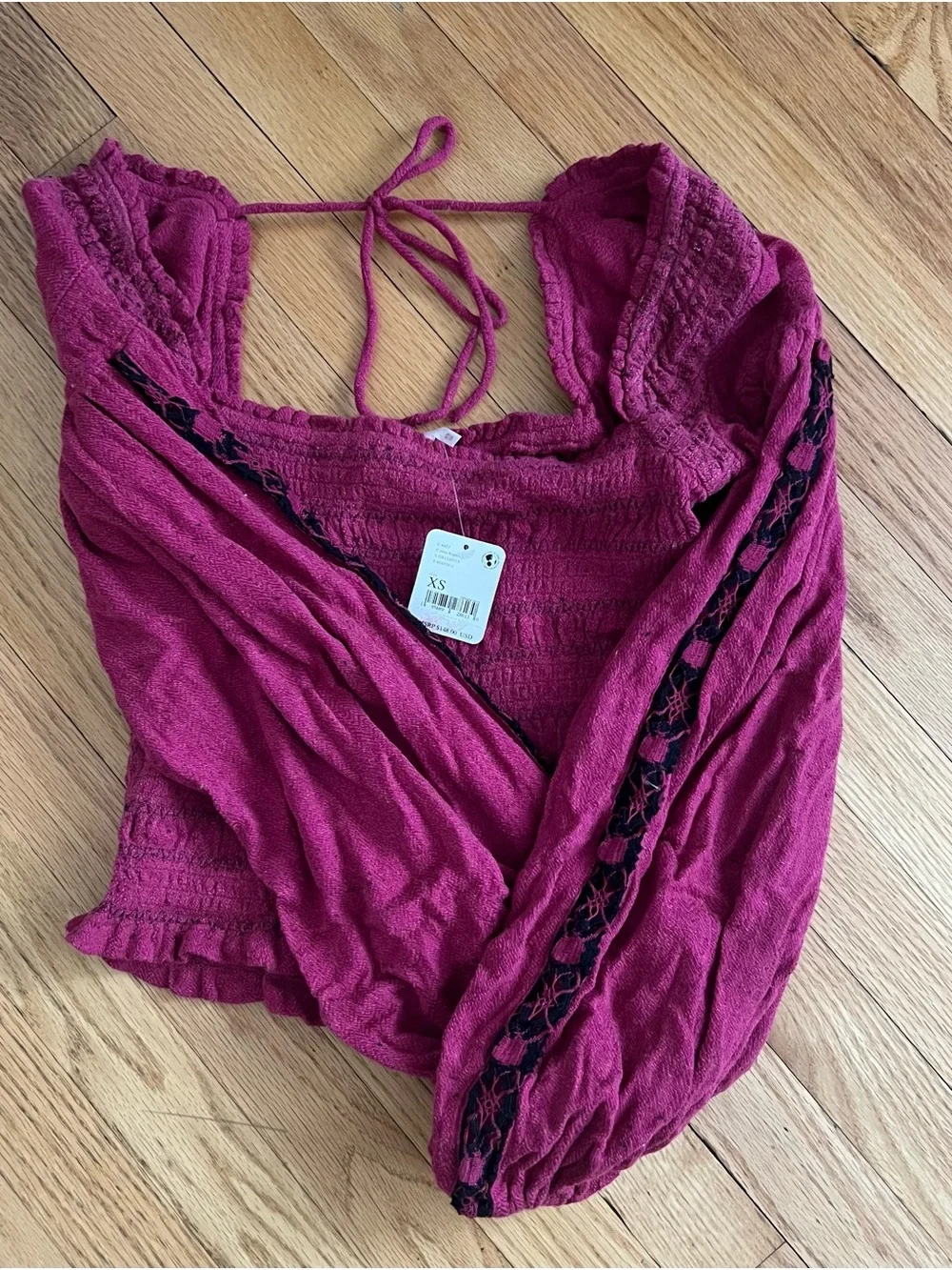 NWT Free People Rose Embroidered Maggie Peasant Sleeve Bohemian Top